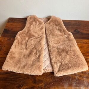 ZARA Kids Quilted Faux Fur Lined Vest Girls Size 9-10 Tan Snap Front Pockets
